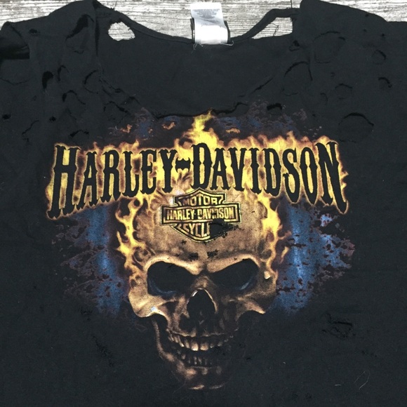 Harley Davidson Cayman Island Flaming Skull Distressed T Shirt Women’s L Black - Picture 8 of 8